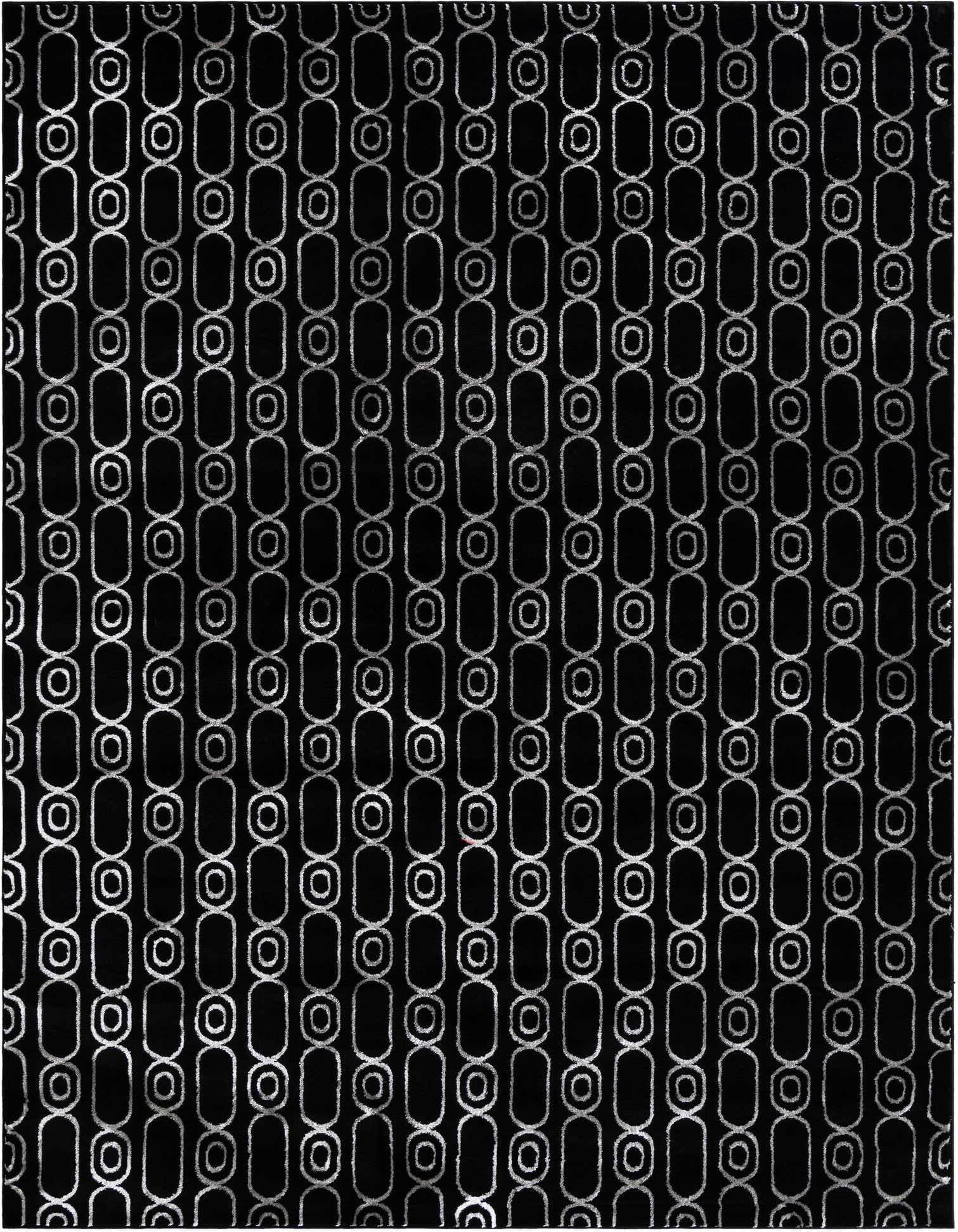 A rectangular 8x10 black and silver area rug featuring a repeating geometric pattern of interconnected ovals and circles.