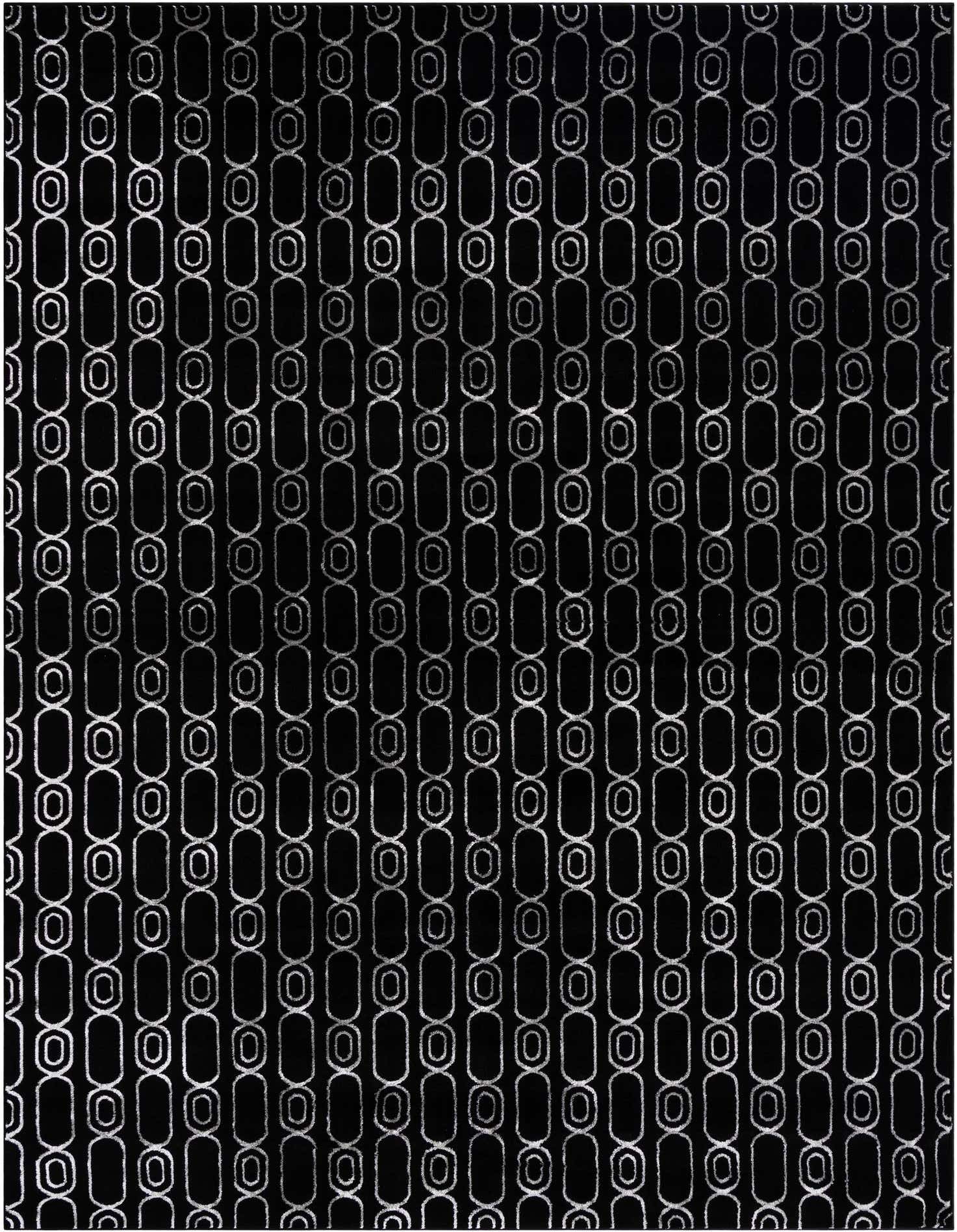 A 9x12 rectangular black area rug with a repeating silver geometric chain-link pattern, suitable for a modern living room.