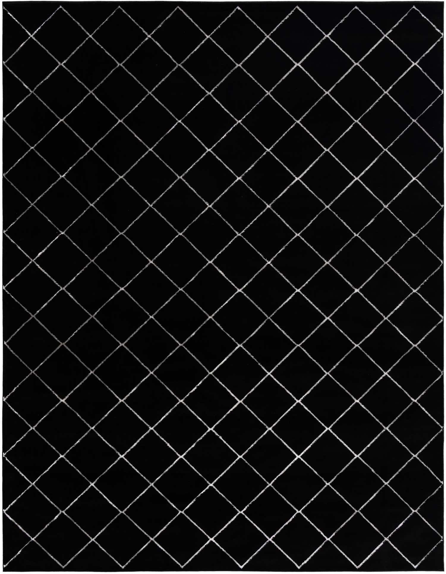 A 10x13 rectangular black and silver area rug with a repeating diamond lattice pattern, suitable for a living room.