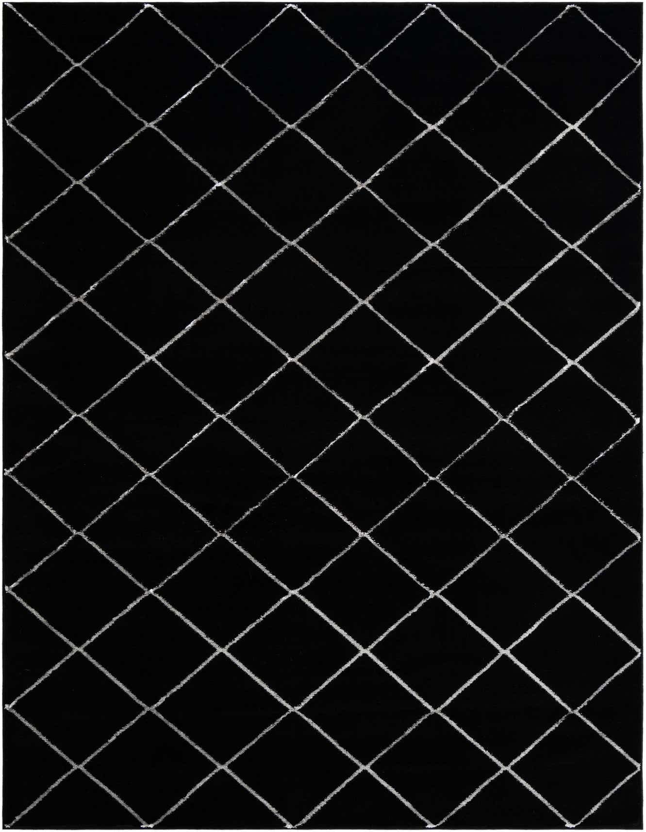 A 6x9 rectangular black area rug with a silver diamond lattice pattern, suitable for a living room.