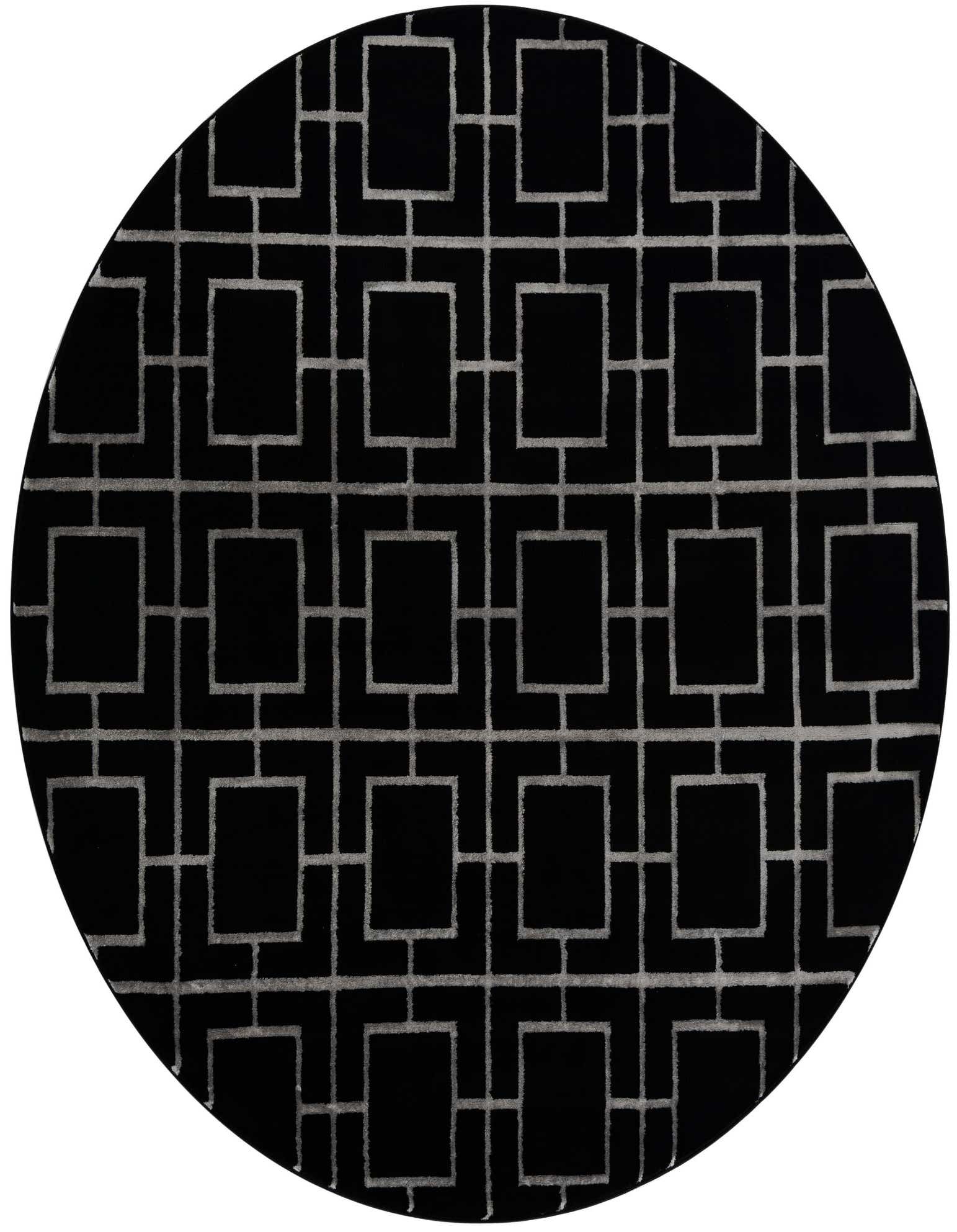 A round black area rug with a modern silver geometric trellis pattern, suitable for a living room or bedroom.