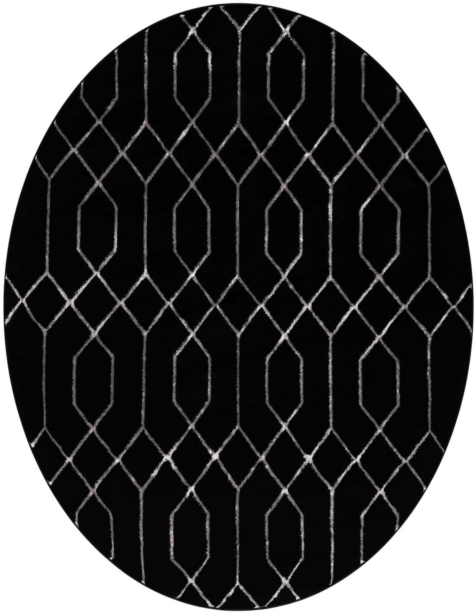 A round 6' black rug with a shimmering silver modern geometric trellis pattern, suitable for an indoor living space.