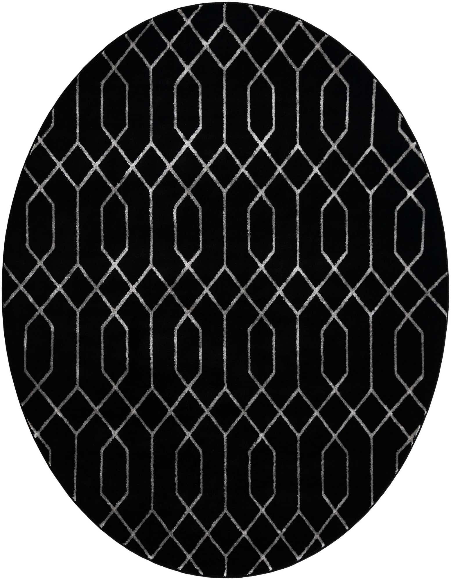 A round black area rug with a silver modern trellis pattern, suitable for a living room or bedroom.