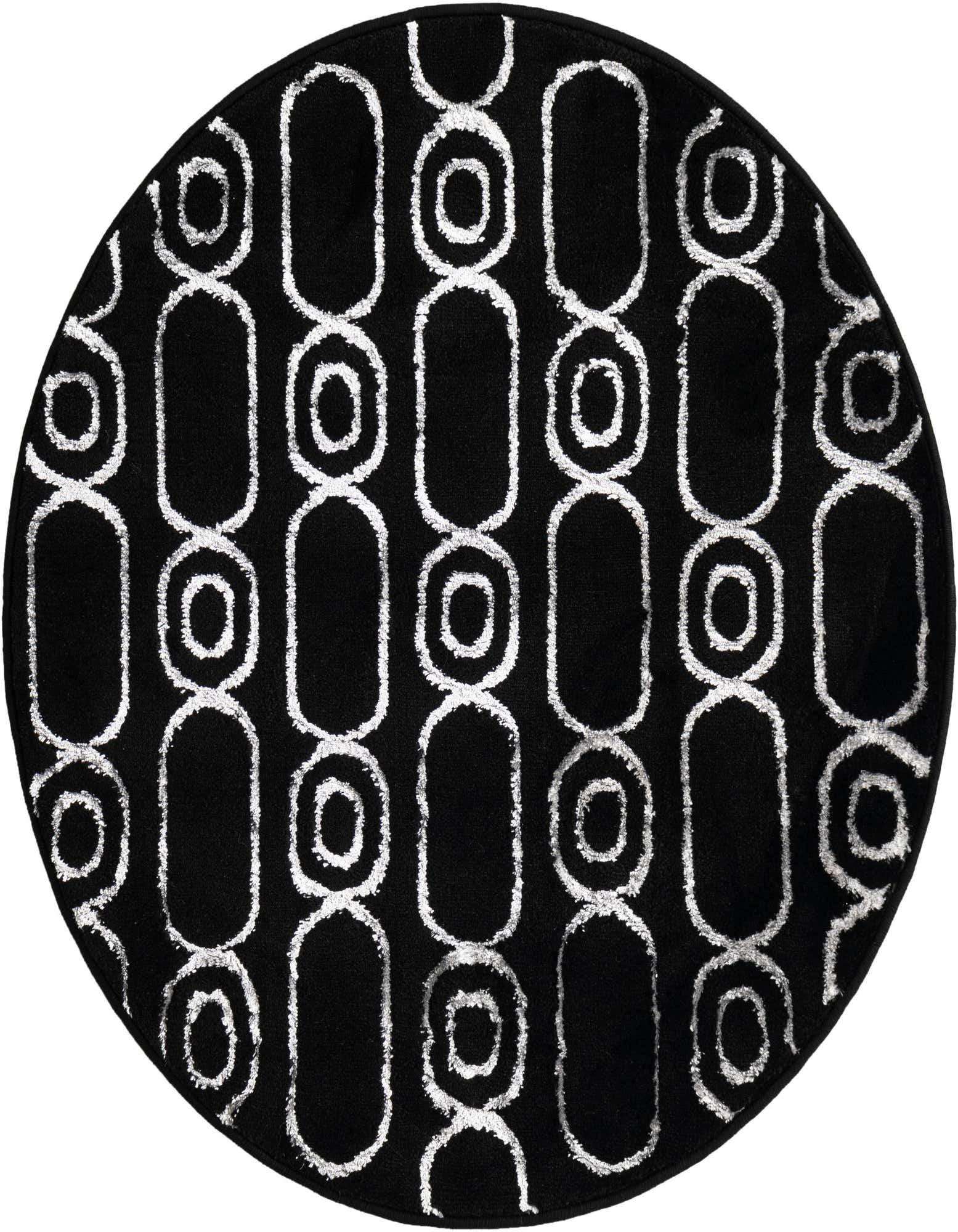 A round black rug with a repeating pattern of silver interlocking ovals and circles, ideal for a modern indoor space.