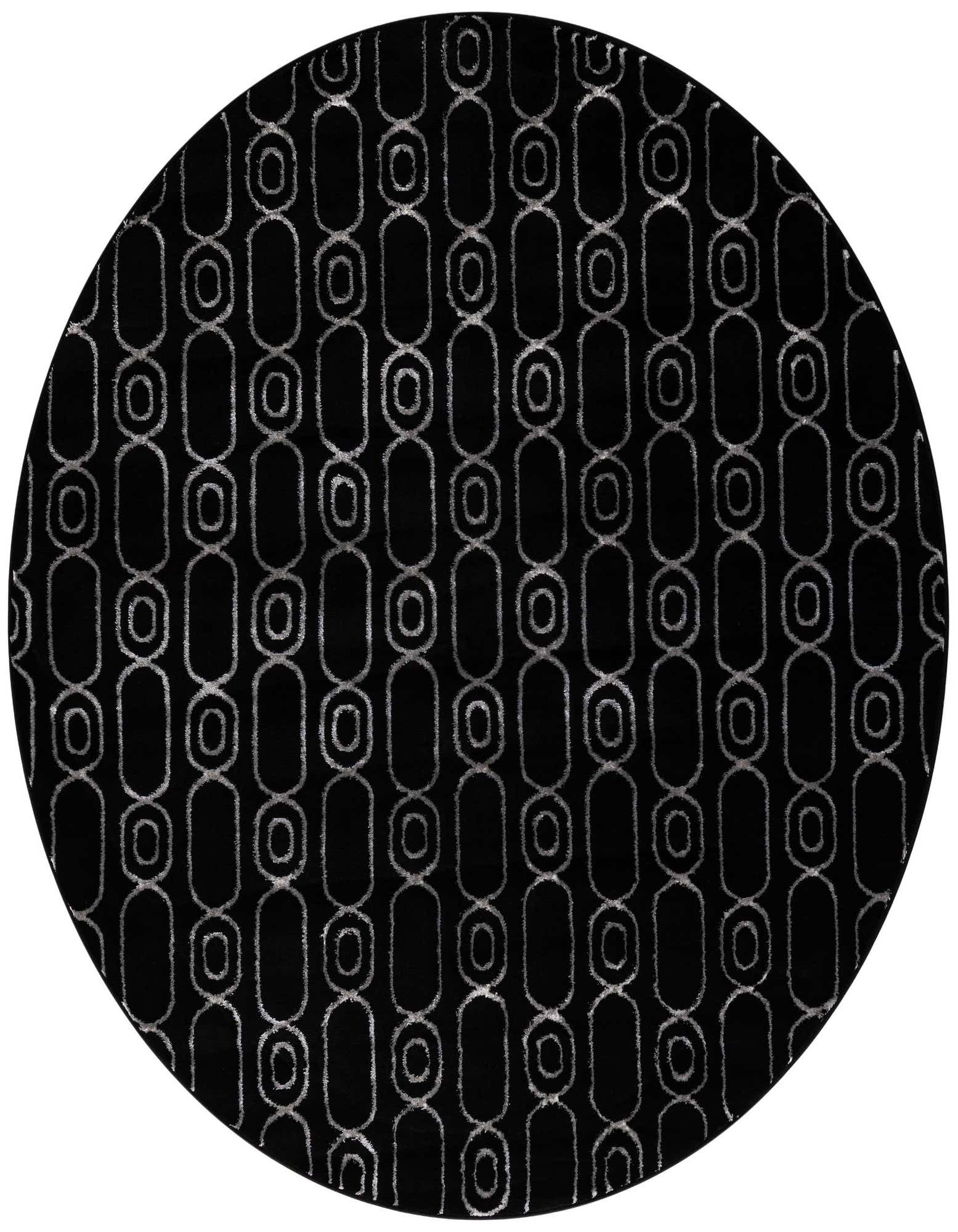 A round black rug with a repeating silver geometric chain-link pattern, ideal for a modern living space.