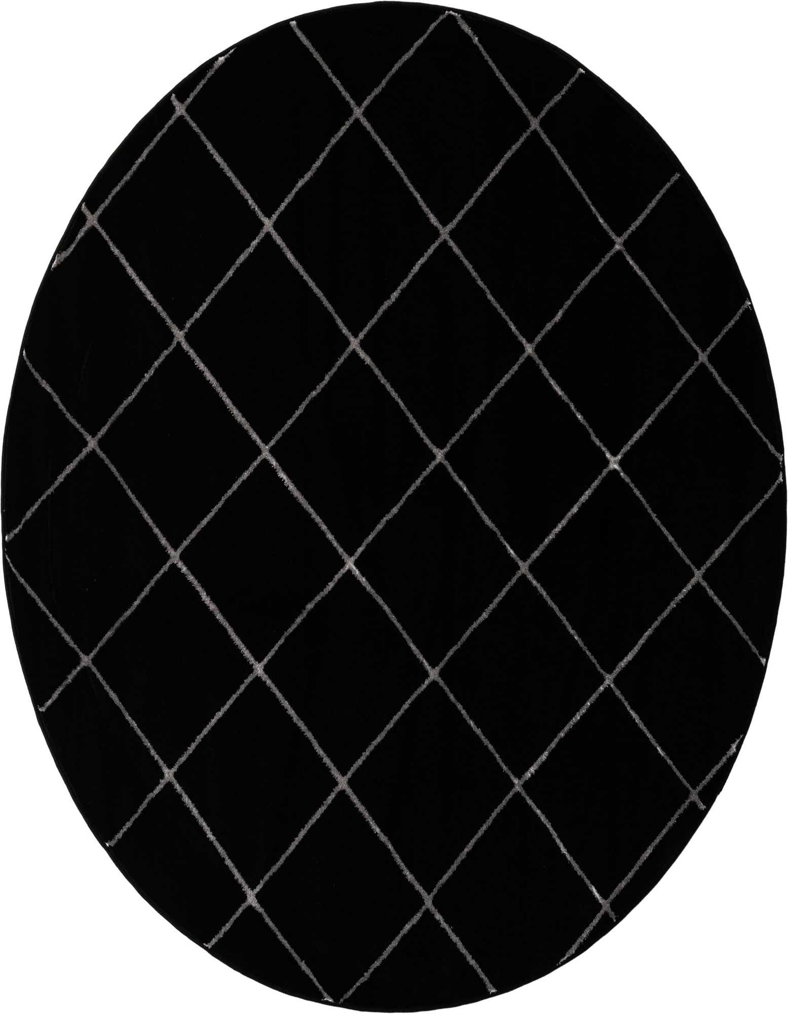 A round black area rug with a modern silver grid pattern, featuring a textured, medium pile.