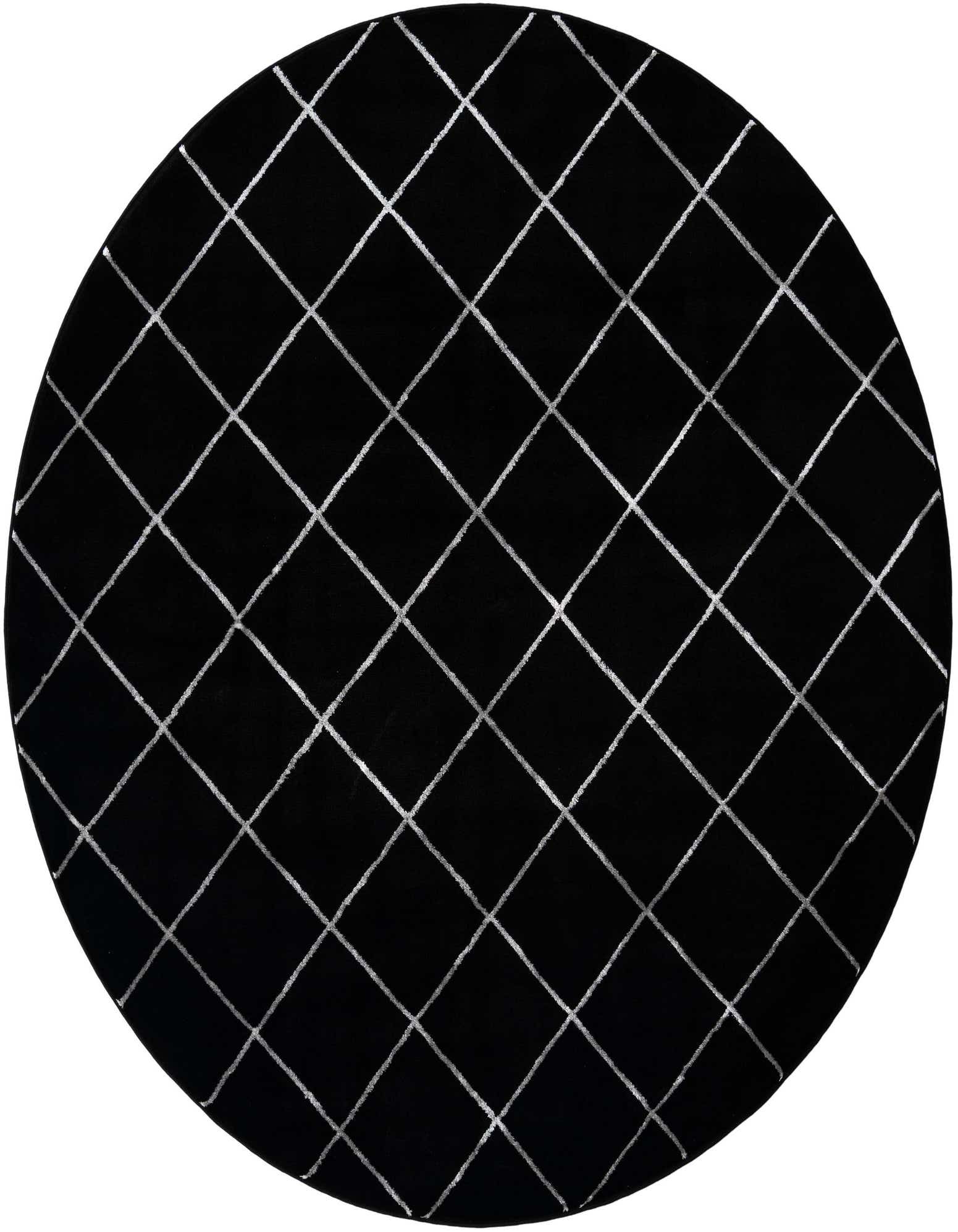 A round black indoor rug with a silver crisscross grid pattern, showcasing its geometric design.