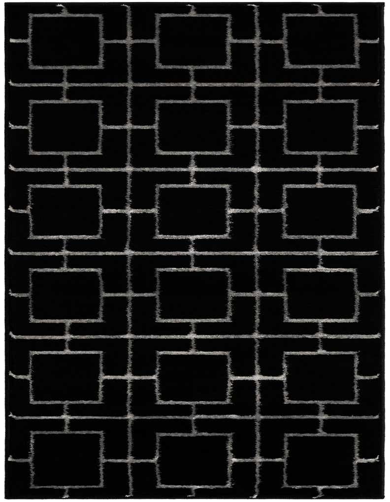 A 5 ft runner rug in black with a silver modern trellis pattern, ideal for hallways.