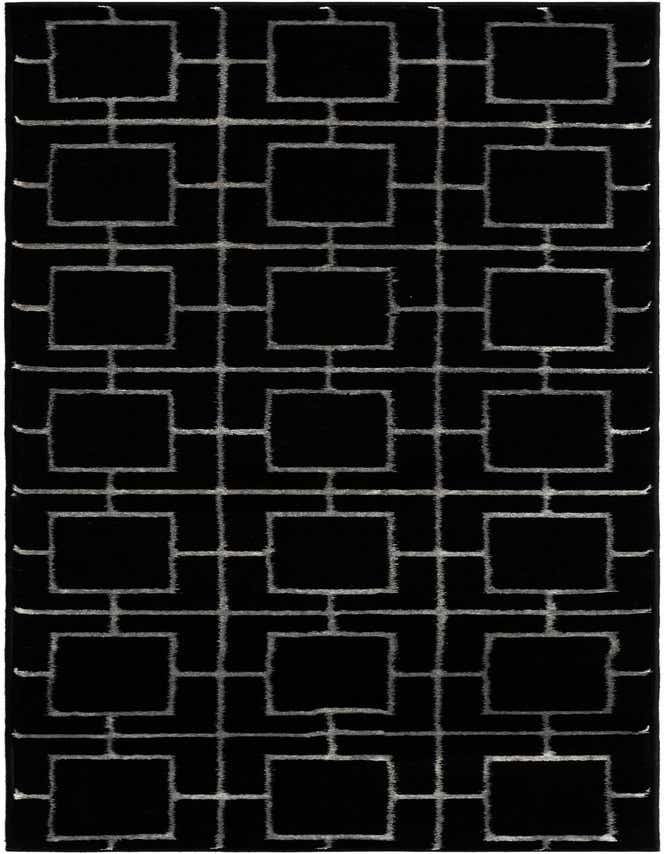 A 6 ft runner rug with a modern black background and silver geometric trellis pattern, ideal for hallways.