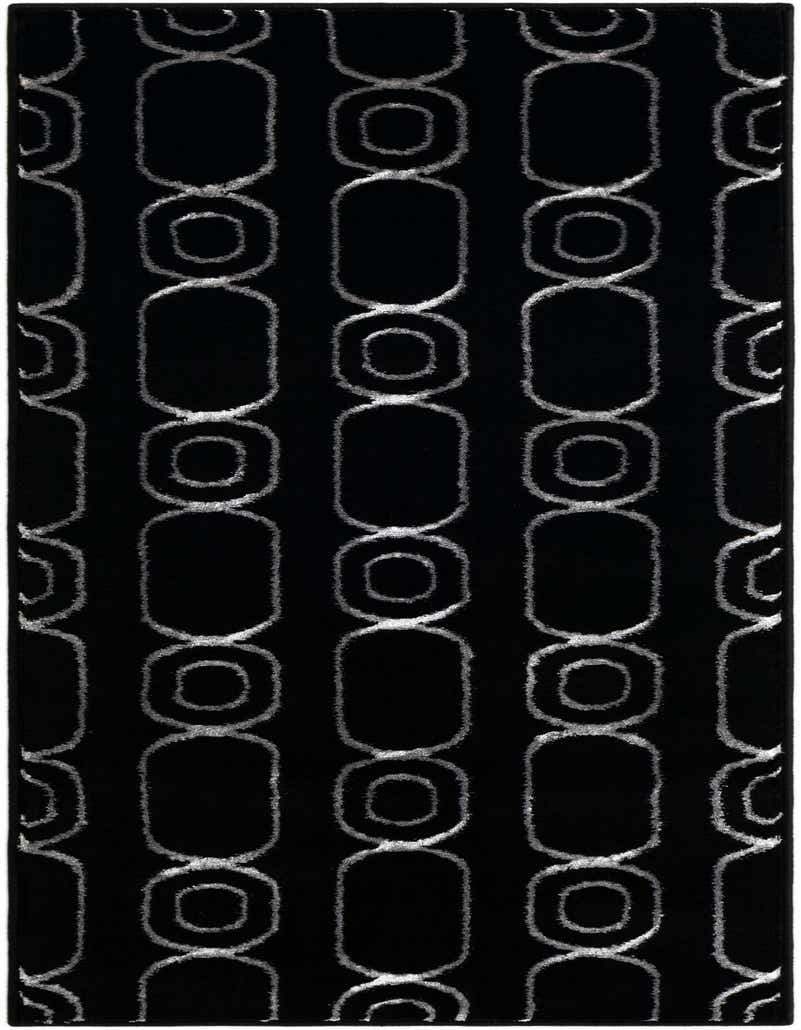 A 5 ft runner rug with a black background and silver geometric chain-link pattern, ideal for a hallway.
