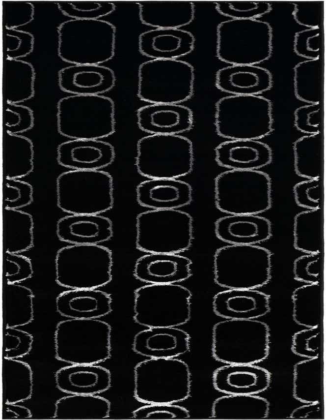 A black runner rug with a repeating pattern of silver outlined geometric shapes, including elongated ovals and circles.