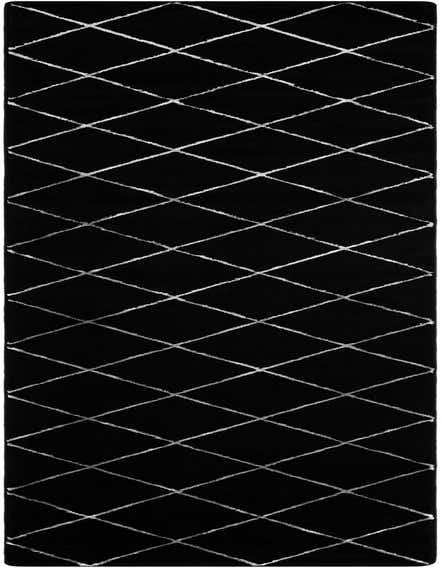 A 12 ft black runner rug with a modern silver diamond pattern, ideal for a hallway.