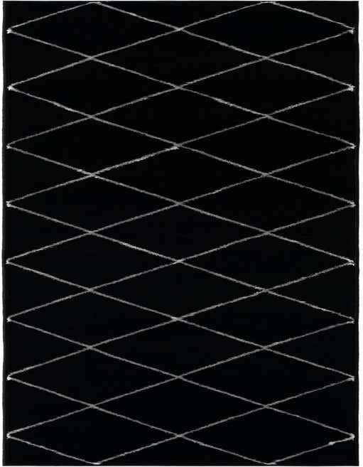 A black 8 ft runner rug with a repeating silver diamond pattern, ideal for a hallway or patio.