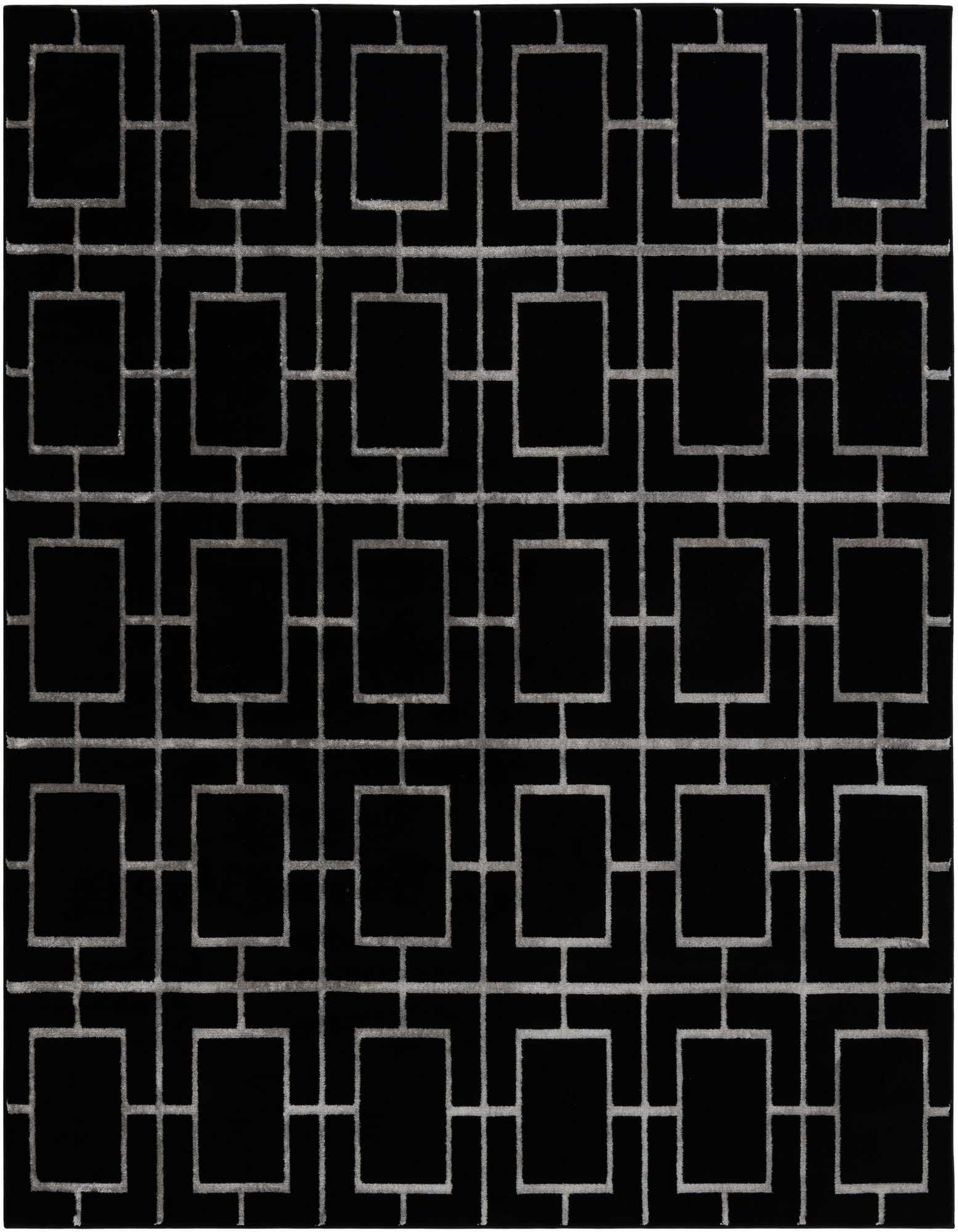 A square black and silver modern area rug featuring a repeating geometric trellis pattern, ideal for a living room.