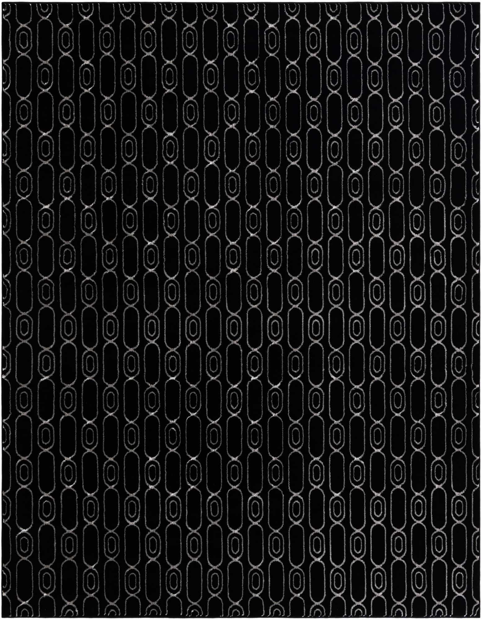 A black and silver square rug with a repeating geometric chain link pattern, suitable for a modern living space.