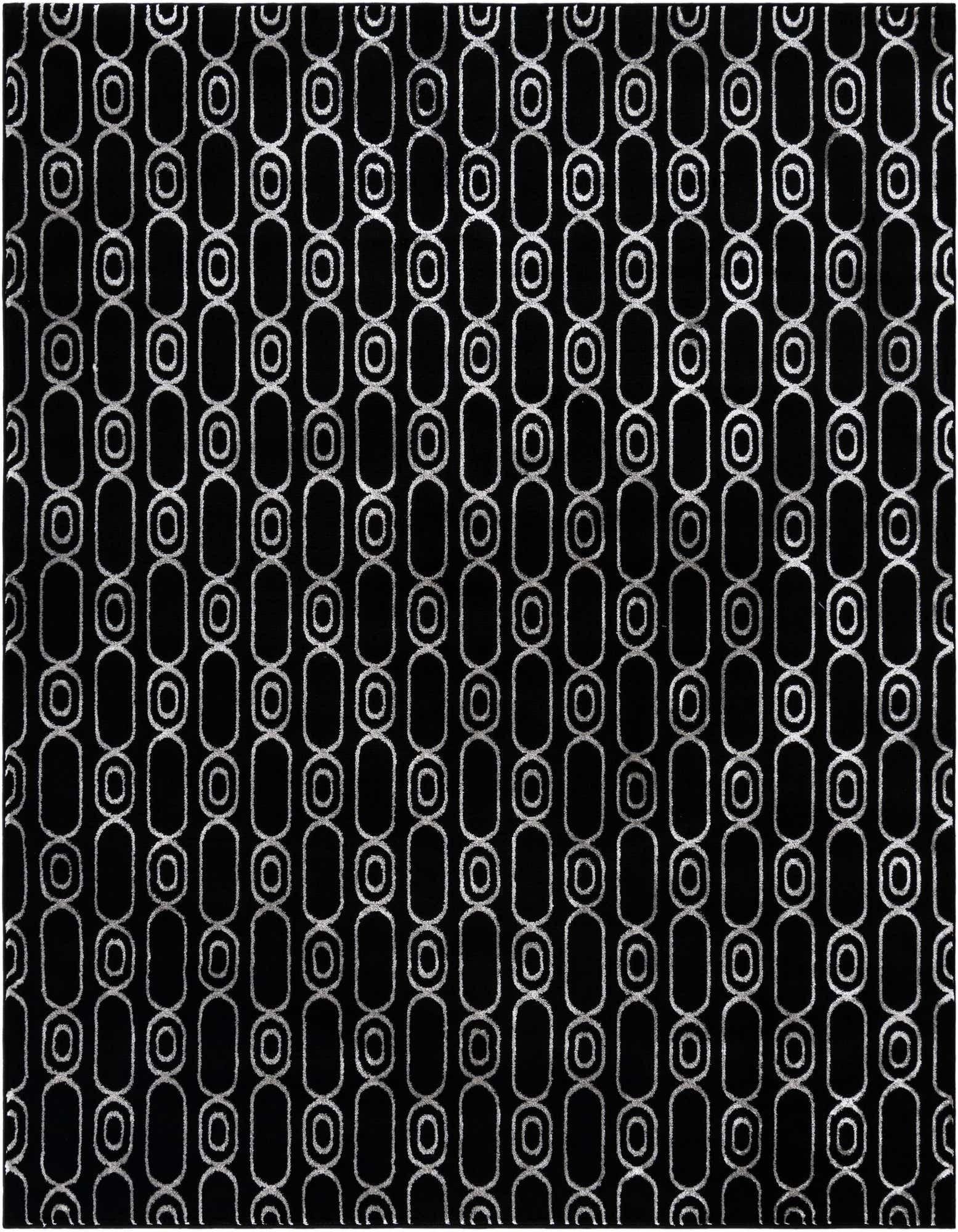 A square black and silver rug featuring a repeating pattern of interlocking oval and circular shapes, perfect for a modern living space.