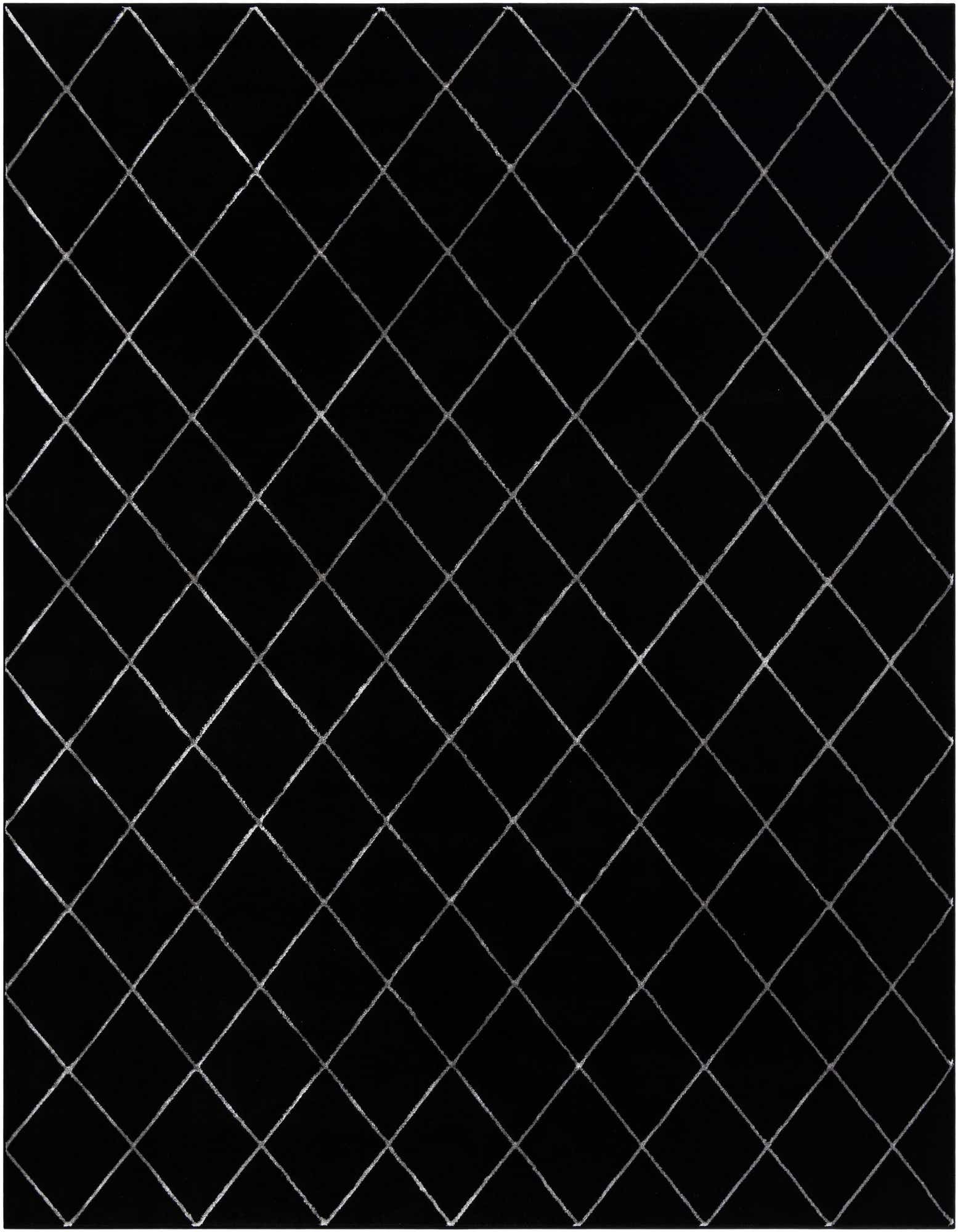 A 10'x10' square black rug with a repeating silver diamond grid pattern, suitable for a modern living space.