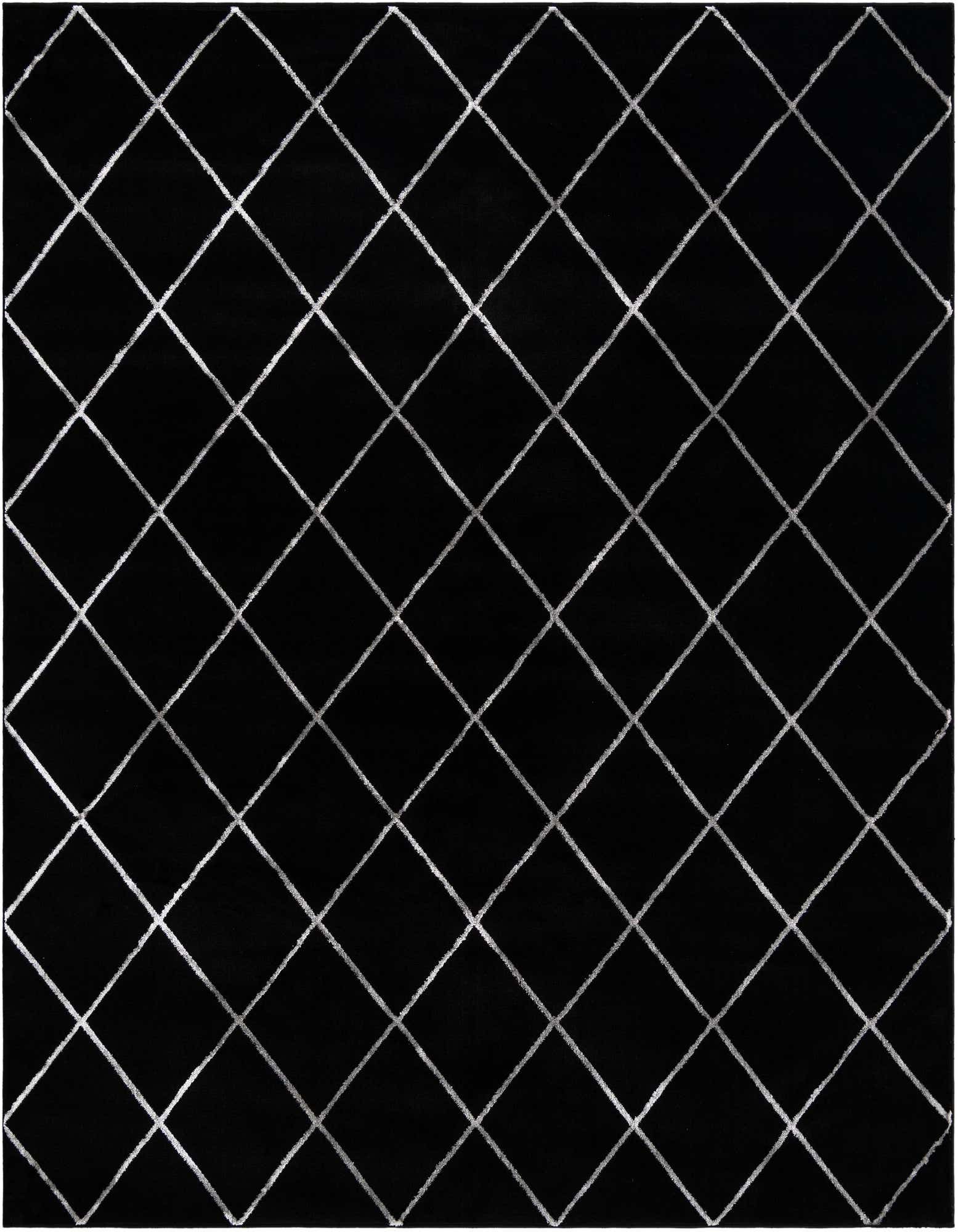 A 7' 10 x 7' 10 square black rug with a textured silver diamond trellis pattern, suitable for a modern living space.