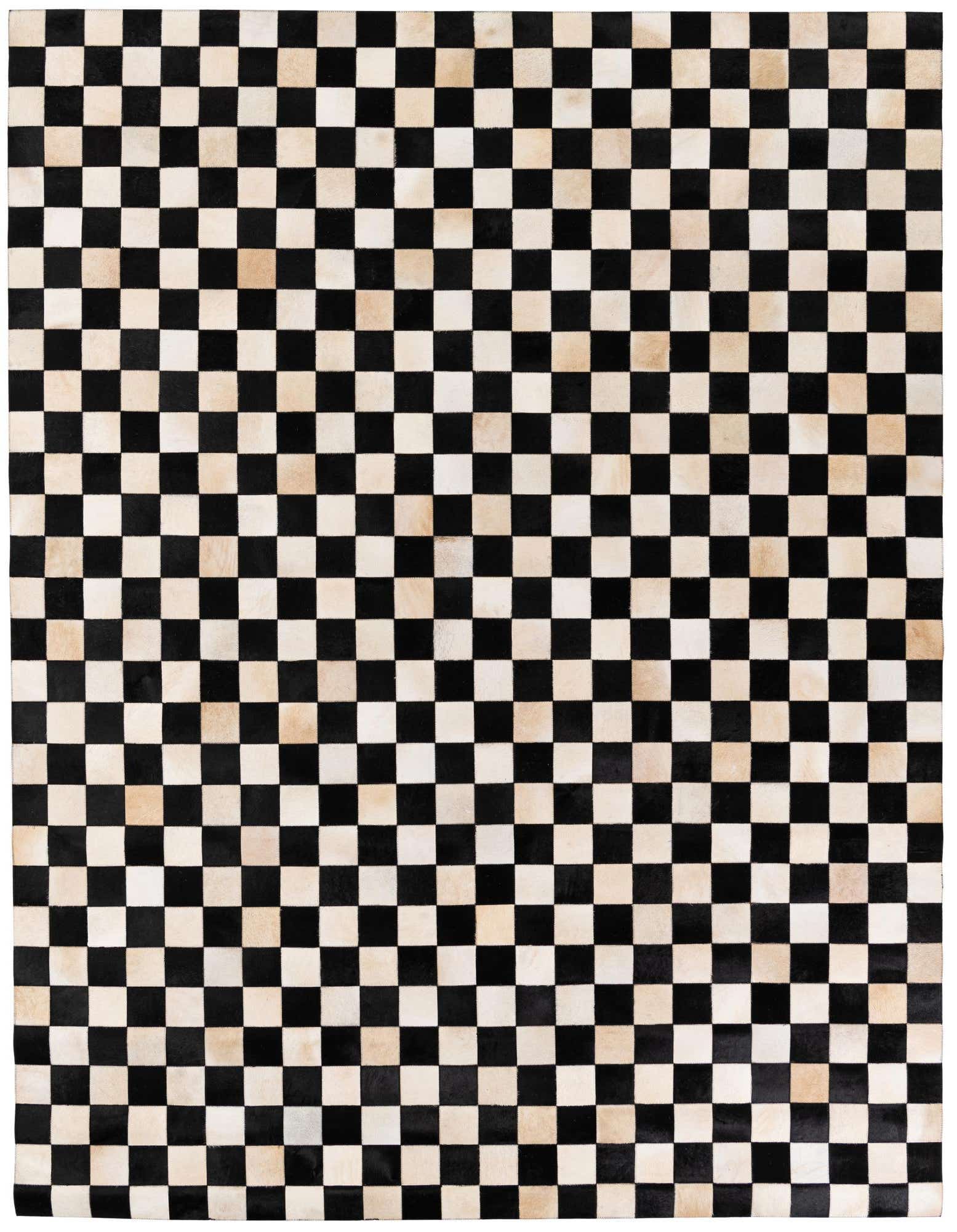 A rectangular 8x10 black and taupe checkered cowhide rug with a modern pattern, ideal for a living room.