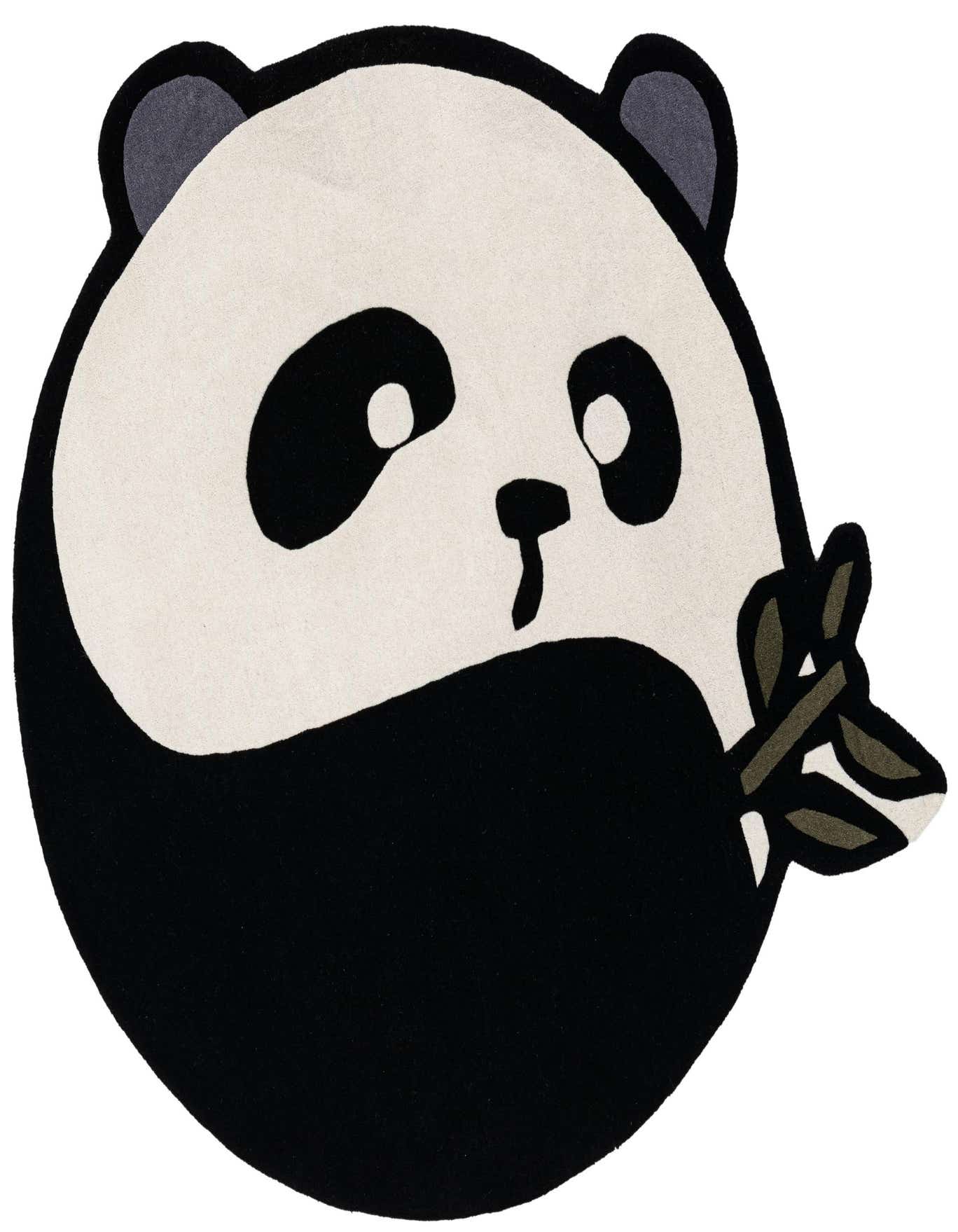 A round, freeform rug shaped like a cute black and white panda bear holding a green bamboo branch.