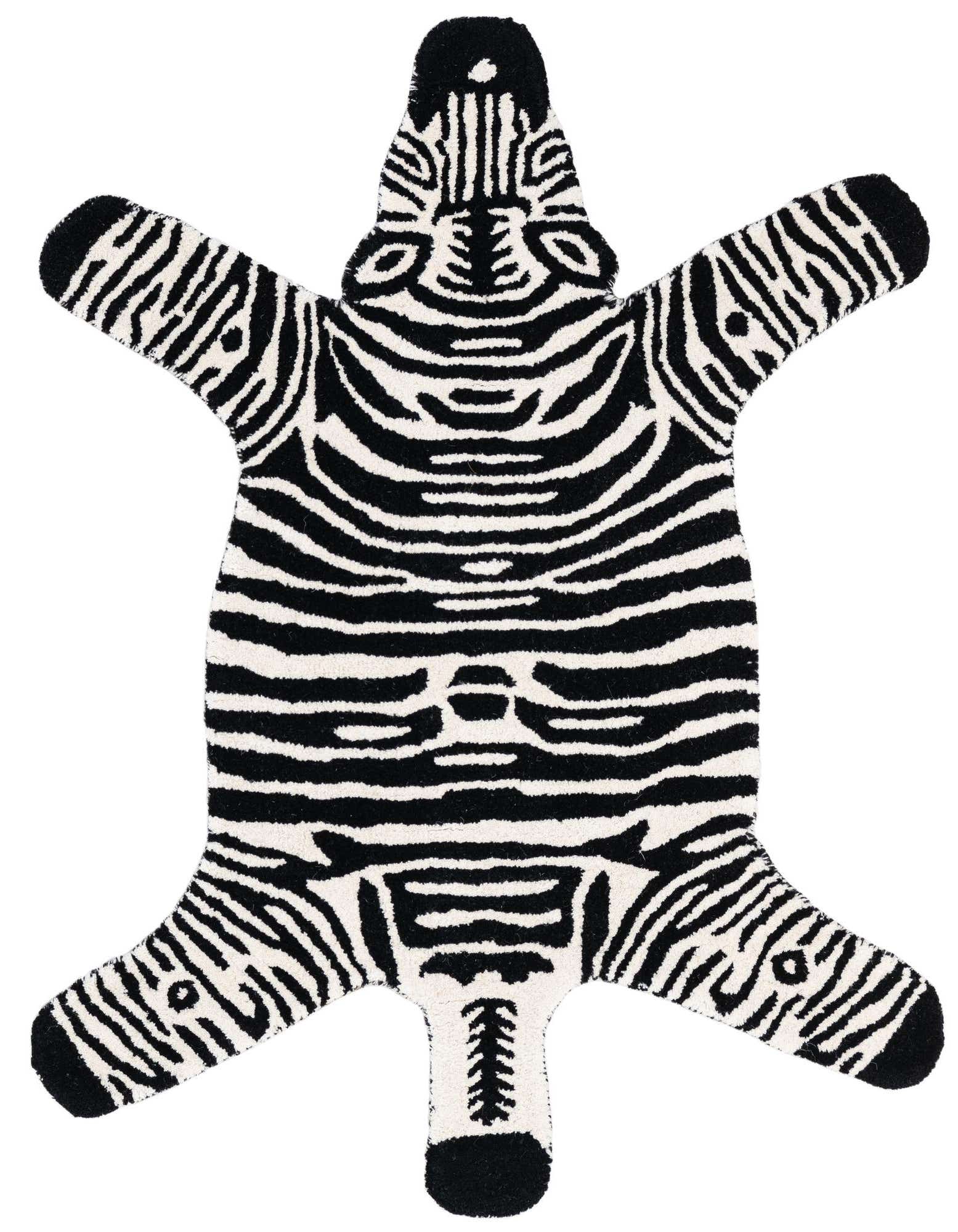 A 3' 1 x 4' 1 freeform rug shaped like a zebra hide, featuring bold black and white stripes and a high pile texture.