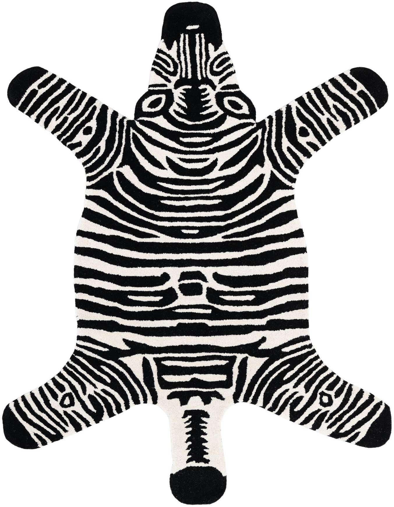 A 4'1" x 6'1" freeform rug shaped like a zebra, featuring bold black and white stripes and a high, textured pile.