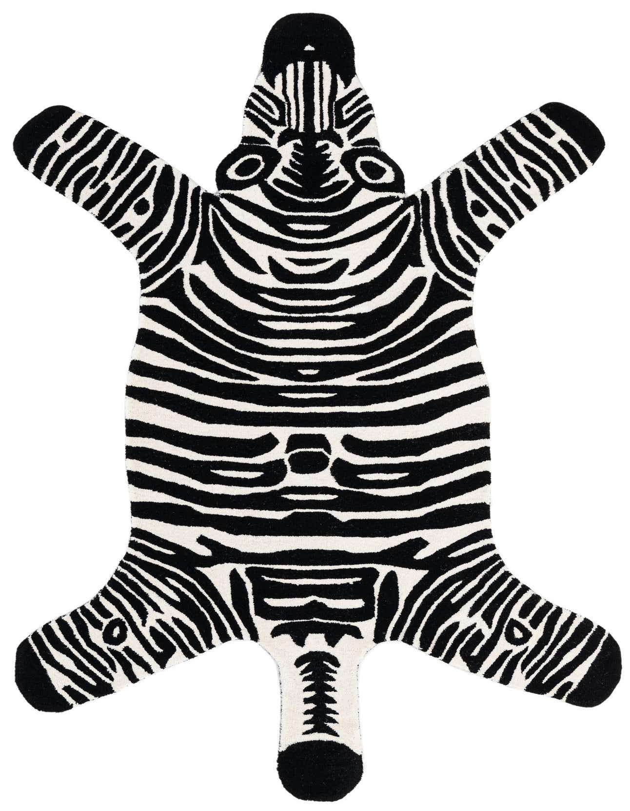 A 5' 1 x 8' 0 freeform rug shaped like a zebra, featuring bold black and white stripes and a high pile texture.