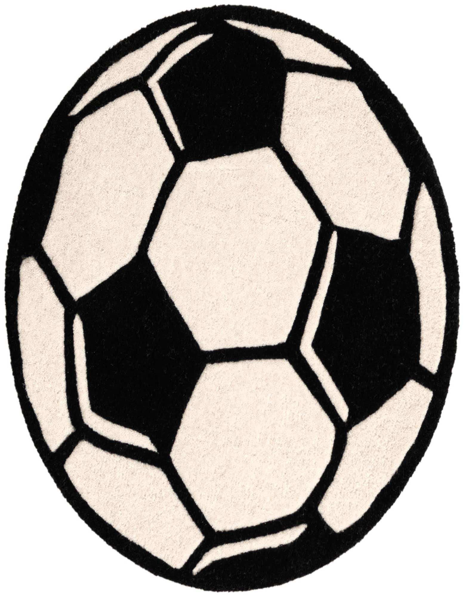 A round, high-pile rug designed like a classic black and white soccer ball, perfect for a child's room.