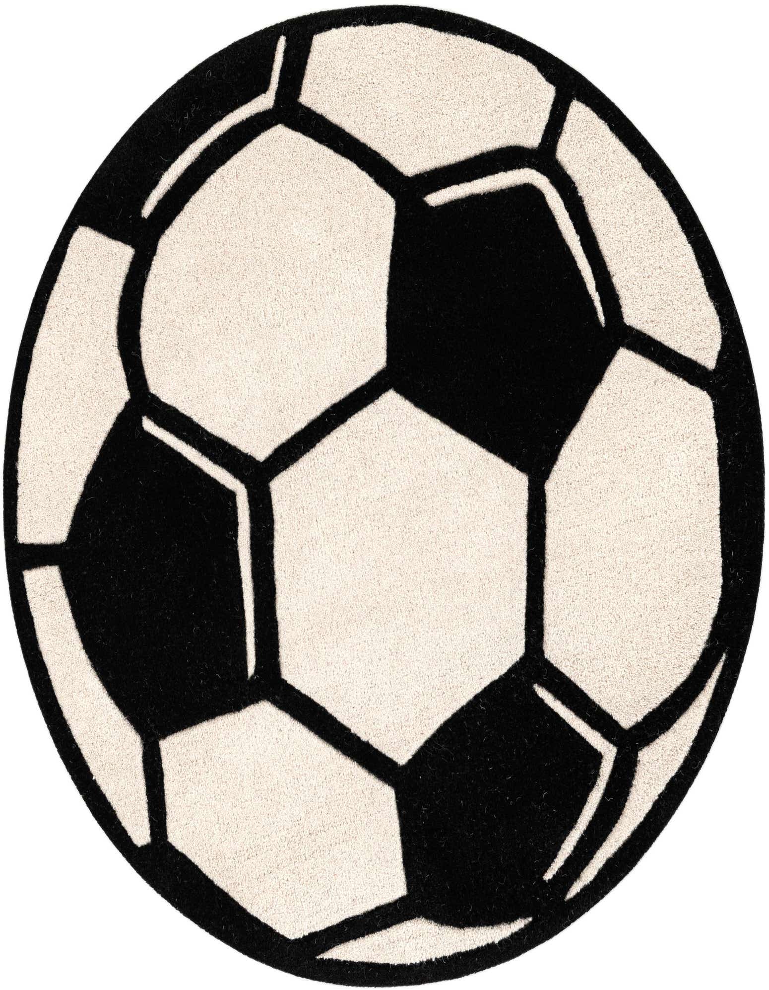 A round, freeform rug designed like a classic black and white soccer ball, made of high-pile wool and cotton.