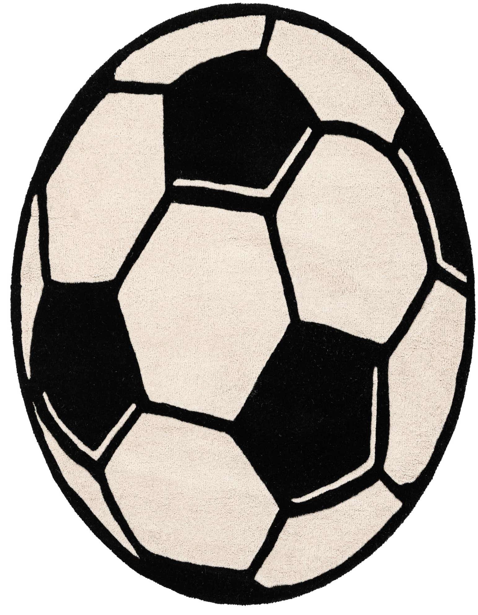 A round, freeform area rug designed like a classic black and white soccer ball, perfect for a child's room.