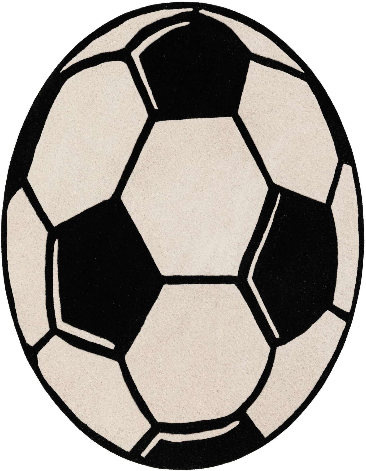 A round, black and white freeform rug designed to look like a classic soccer ball, perfect for a child's room.