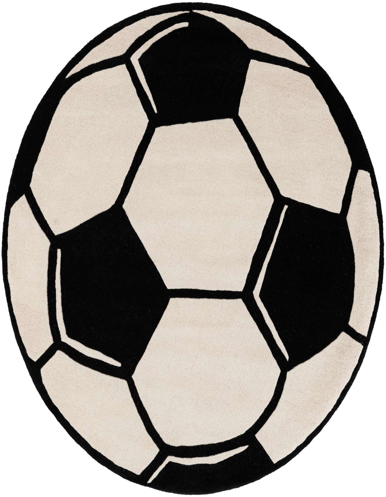 A round, high-pile area rug designed like a classic black and white soccer ball, perfect for a child's room.