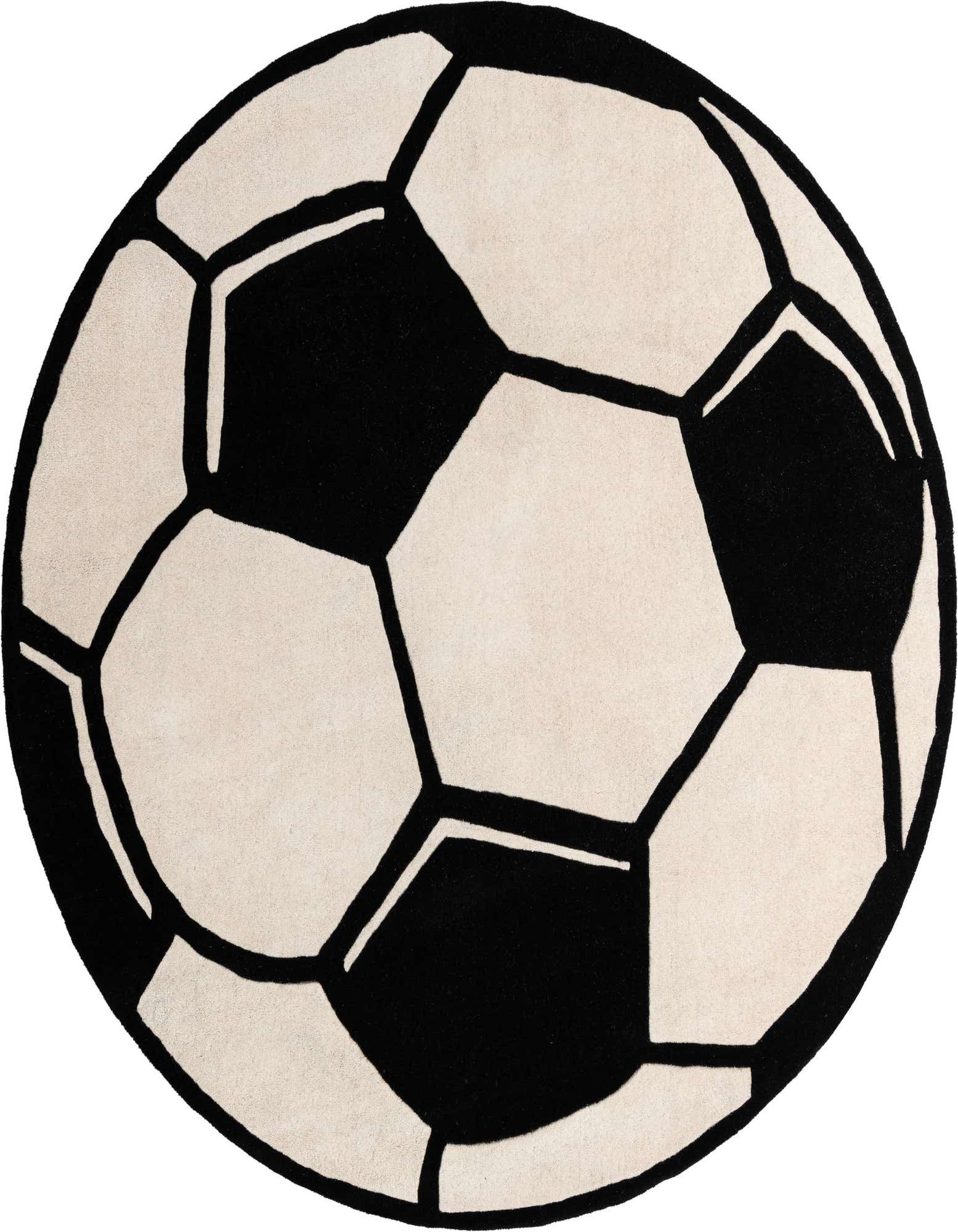 A round, black and white soccer ball-shaped area rug with a high, textured pile, perfect for a child's room.