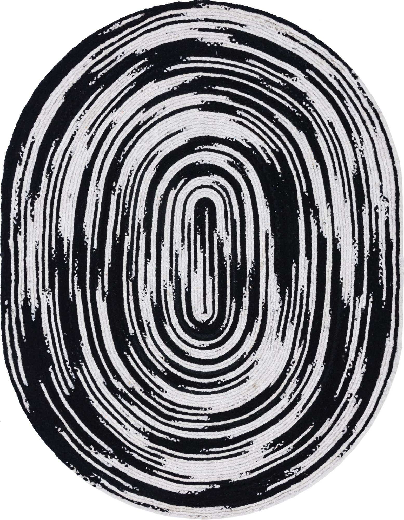 An 8'x10' oval black and white braided chindi rug with an abstract striped pattern, made from recycled cotton.