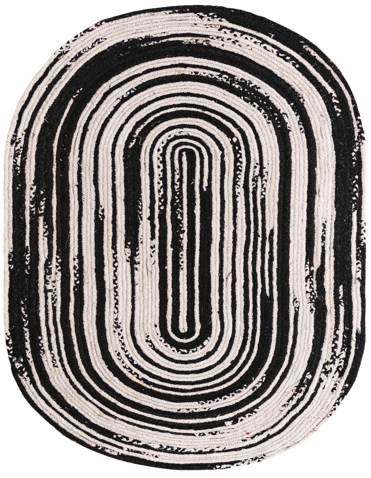 An oval 5' 1 x 8' 0 black and white braided cotton rug with a concentric striped pattern.