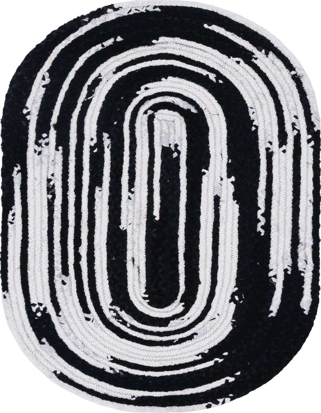A 3' 3 x 5' 1 oval black and white braided chindi rug with concentric stripes, made from recycled cotton.