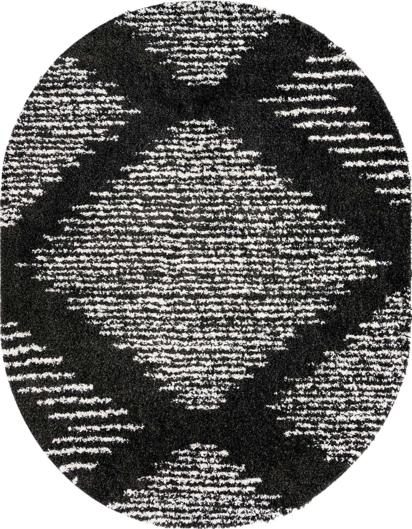 An oval black shag rug with a modern white trellis pattern, featuring a soft, textured pile.