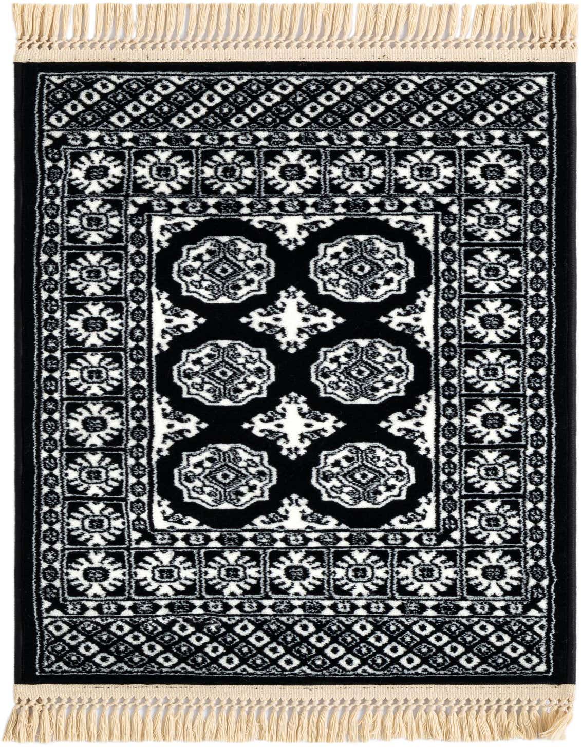 A 2x3 rectangular black and white Bokhara rug with intricate traditional patterns and cream fringe.