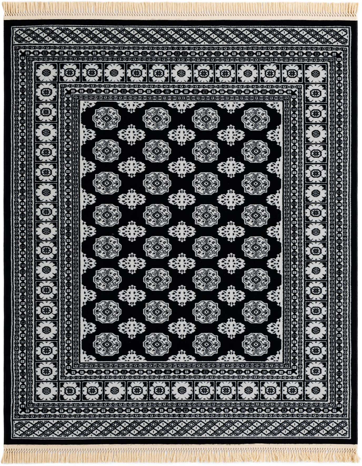 A 5x7 rectangular black and white Bokhara rug with intricate floral and geometric patterns, featuring cream fringes.
