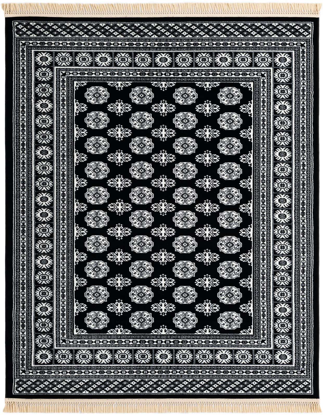 A 5x8 rectangular black and white Bokhara area rug with intricate traditional patterns and fringed ends.