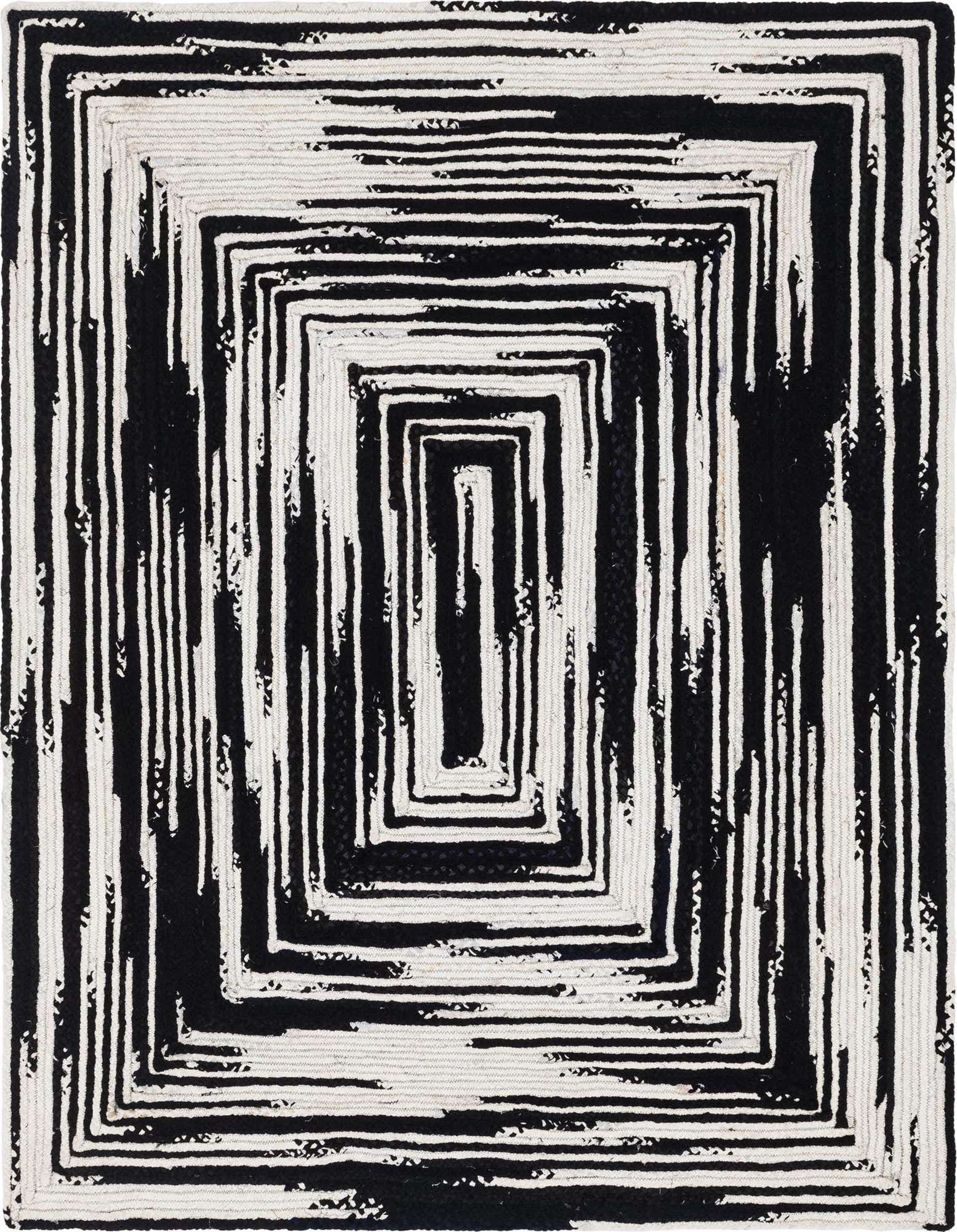 An 8x10 rectangular black and white braided chindi rug with an abstract, concentric rectangular pattern, ideal for a living room.