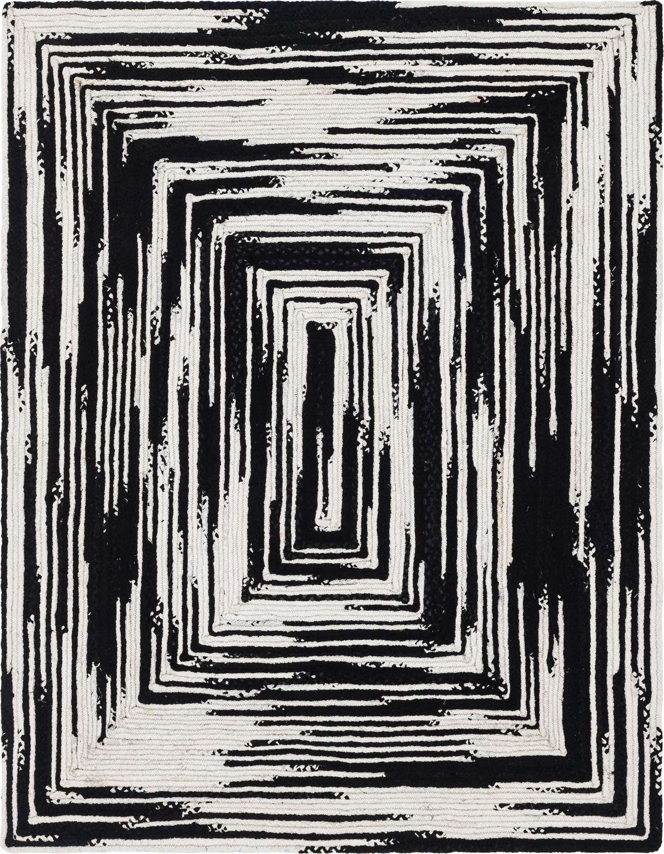 A 6x9 rectangular black and white braided chindi rug with an abstract, concentric rectangular pattern, ideal for a living room.