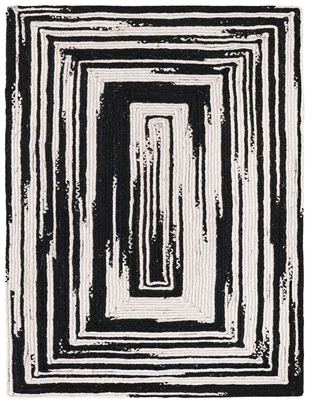 A 5x8 rectangular black and white braided chindi rug with a bold, abstract concentric rectangle pattern, ideal for a living room.