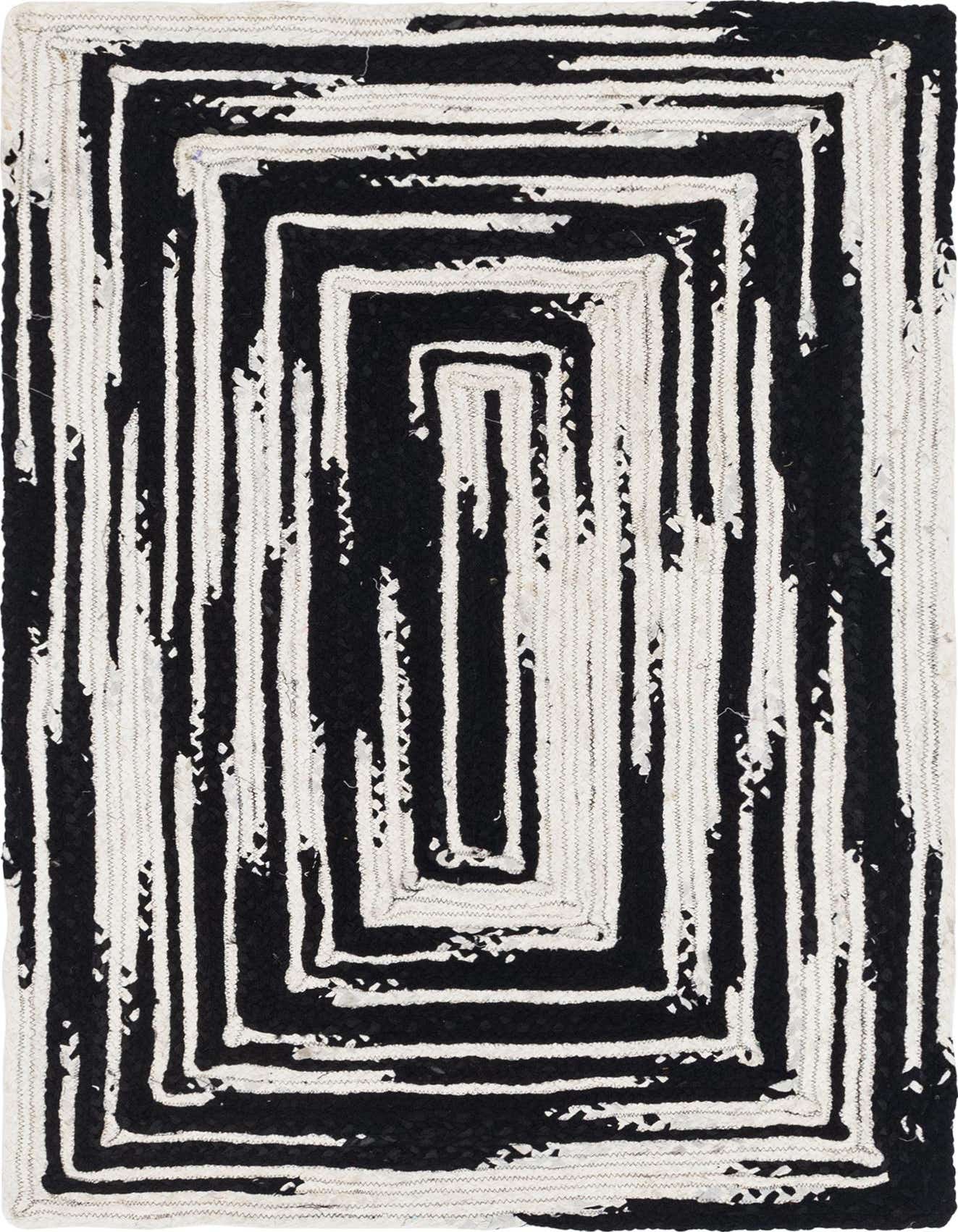 A 4x6 rectangular black and white braided chindi rug with an abstract, concentric rectangular pattern, suitable for a living room.