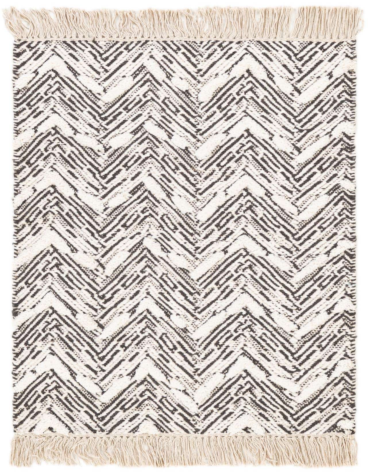 A 2x3 rectangular Rugs.com Braided Jute rug with a modern black and ivory chevron pattern and fringed ends, suitable for an entryway.