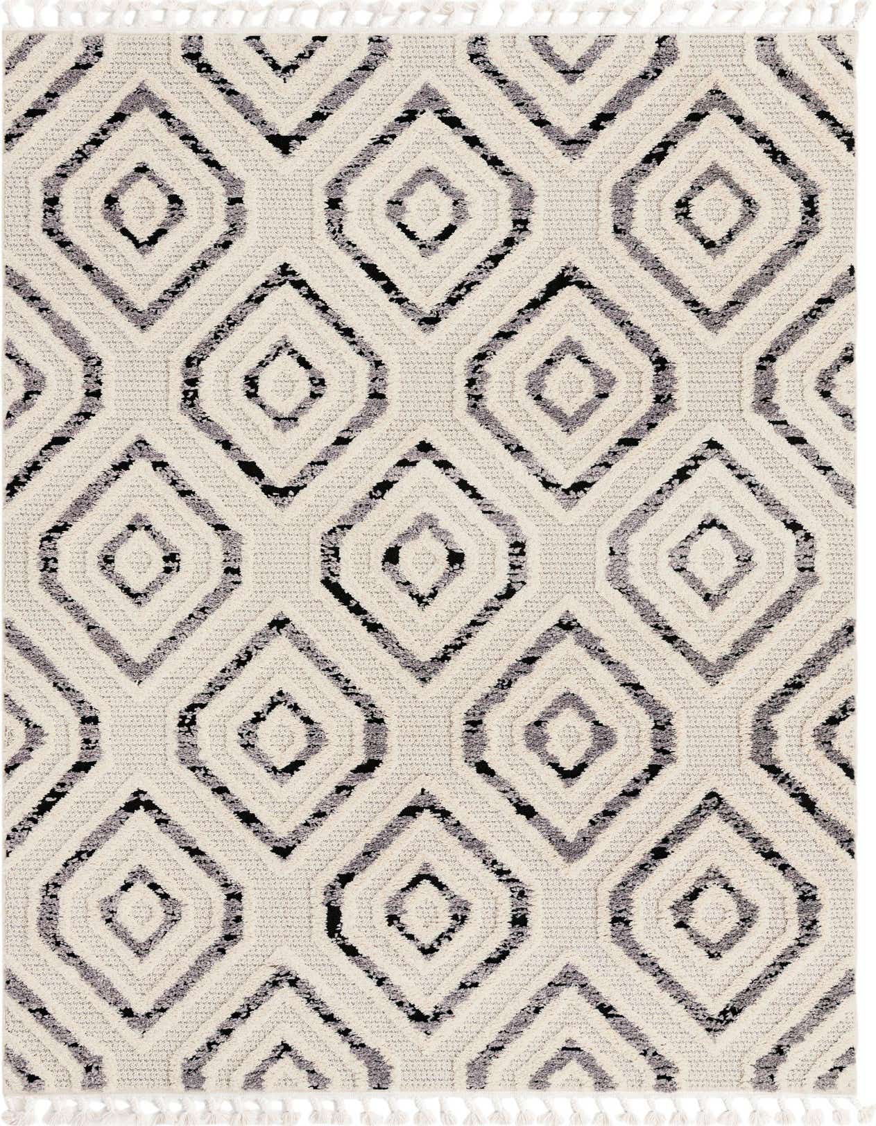 A 6x9 rectangular Rugs.com Cherokee rug in cream with a textured tribal trellis pattern in black and gray.
