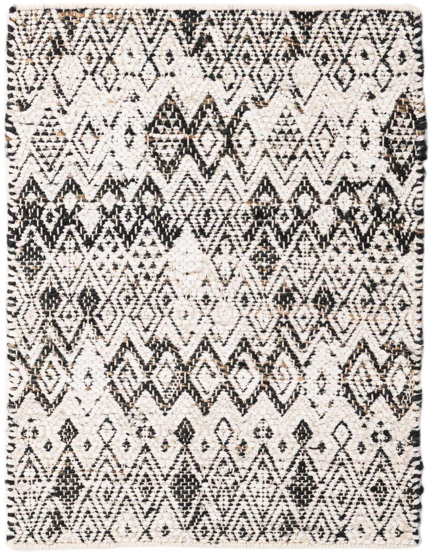 A 2x3 rectangular Chindi Braided Jute rug featuring a modern black and white geometric diamond pattern.