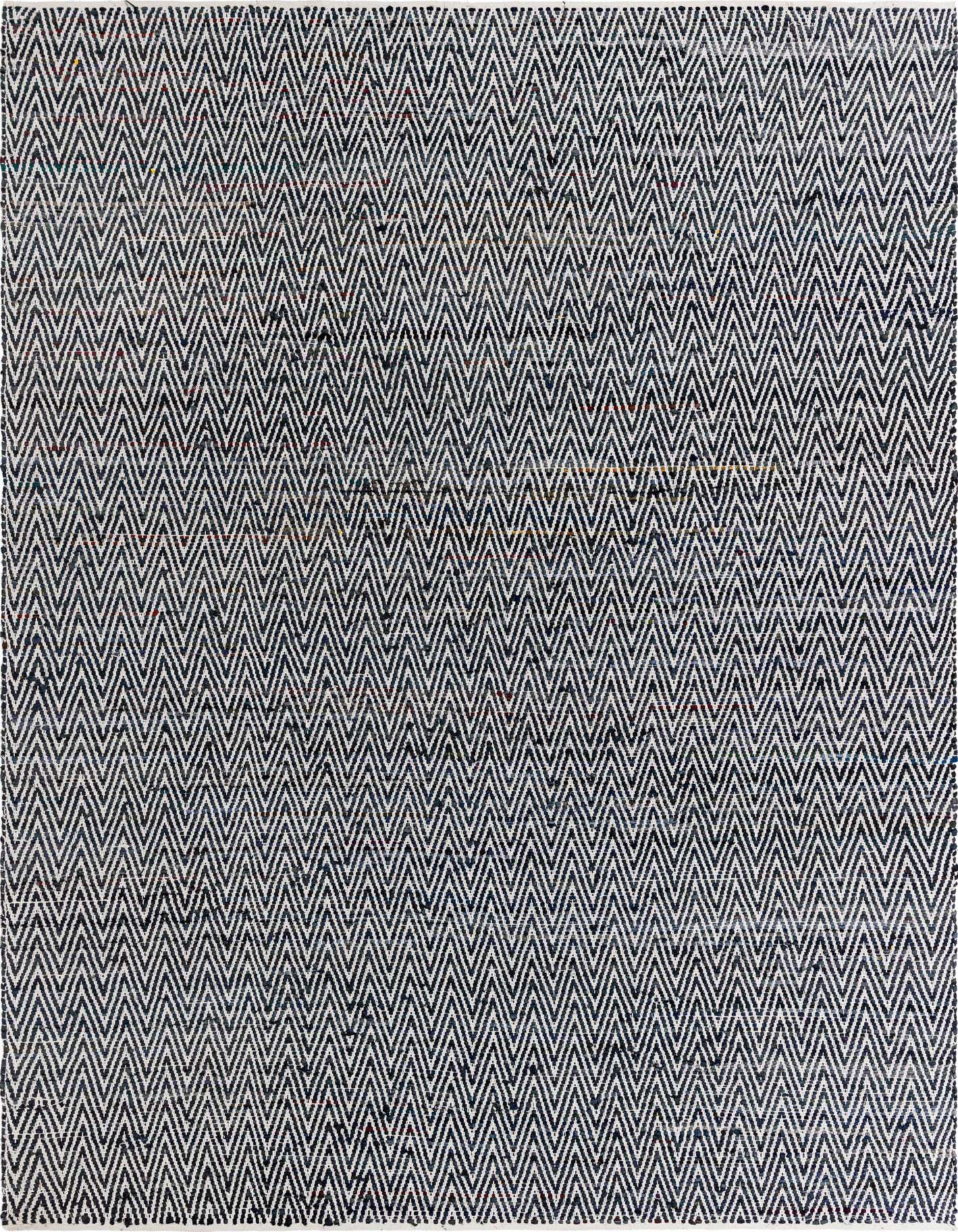 A 10x14 rectangular black and white chevron flatweave rug with a textured, eco-friendly cotton weave.