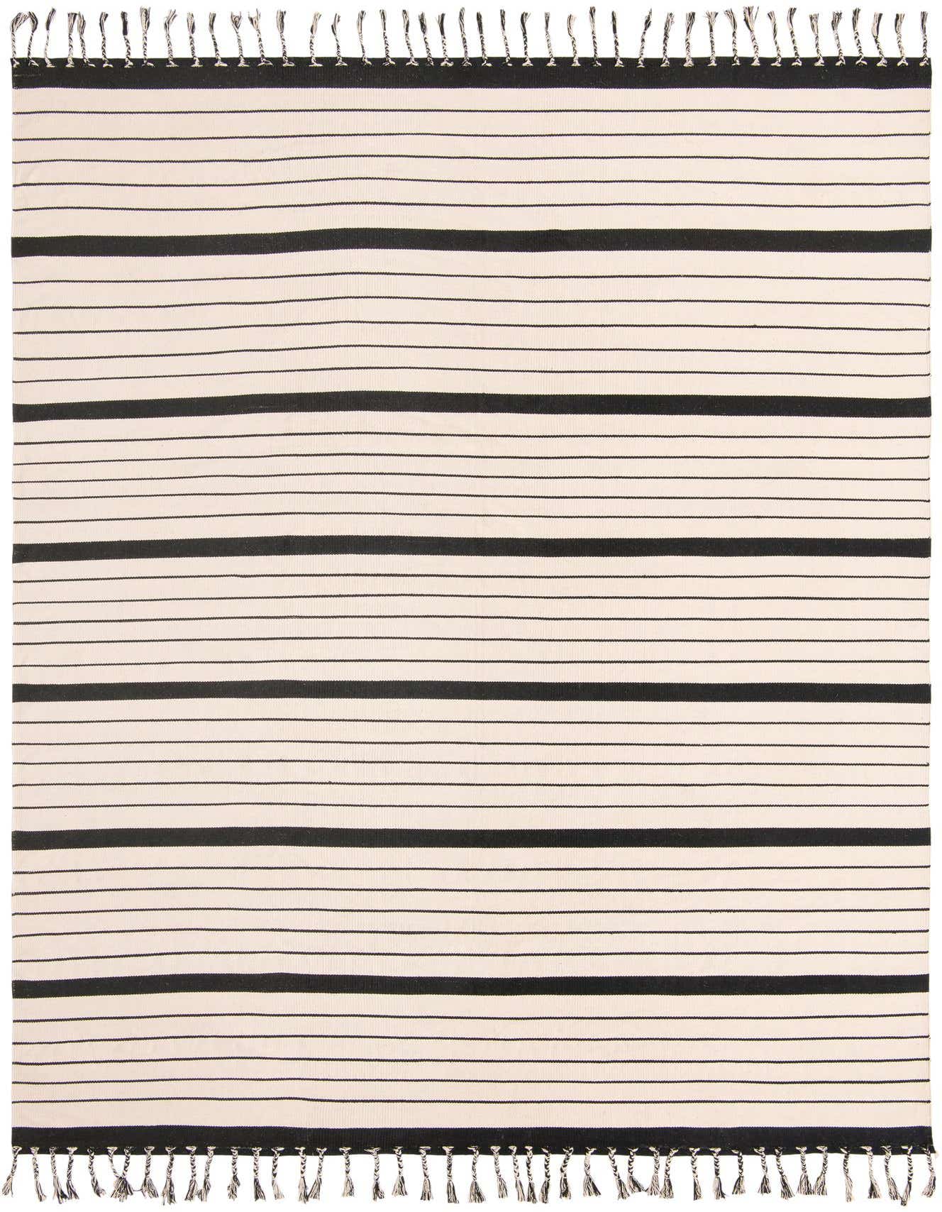 A 10x14 rectangular black and white striped flatweave rug with tassels, suitable for a modern or coastal living room.