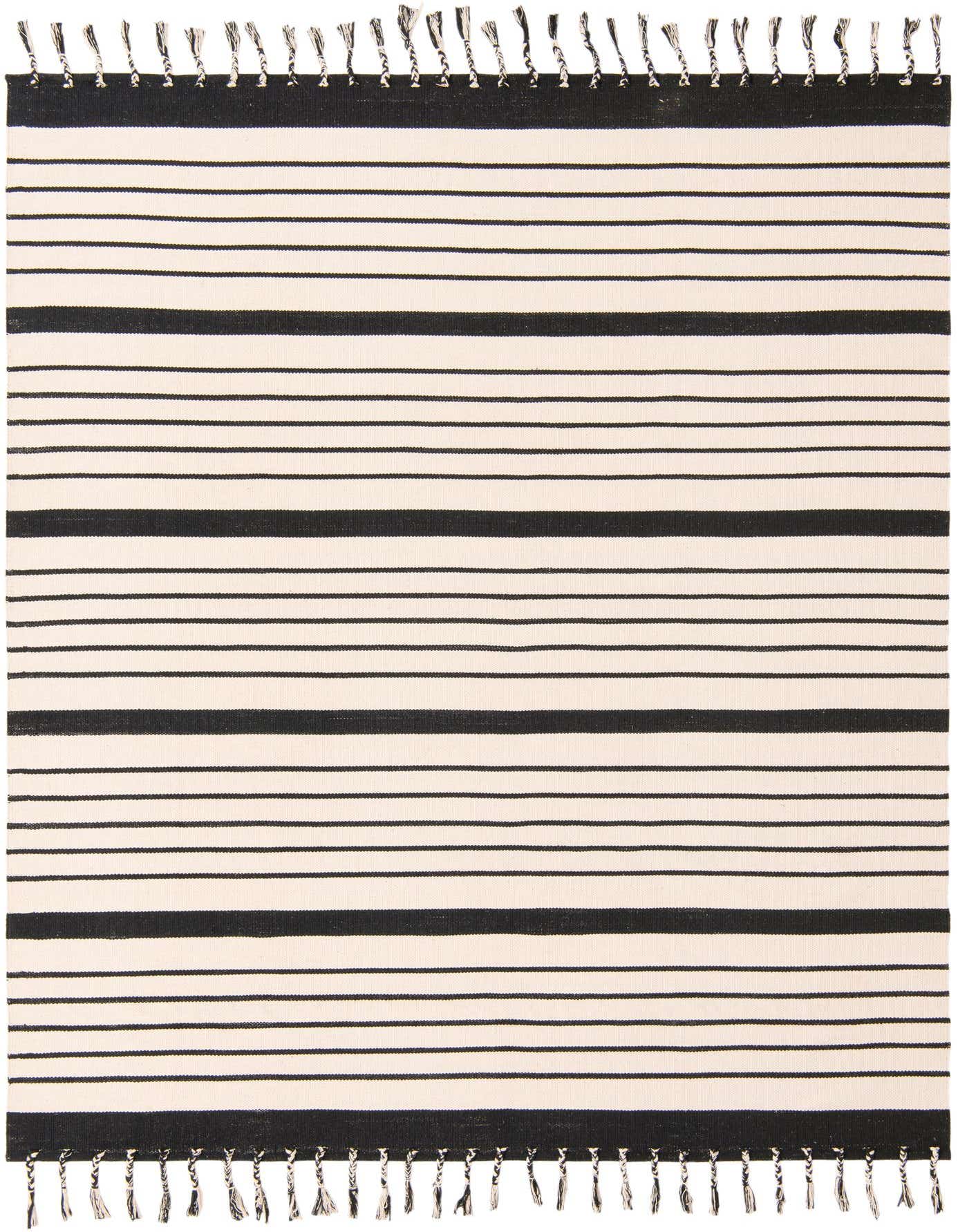 A rectangular 8x10 black and white striped cotton flatweave rug with tassels, suitable for a living room.